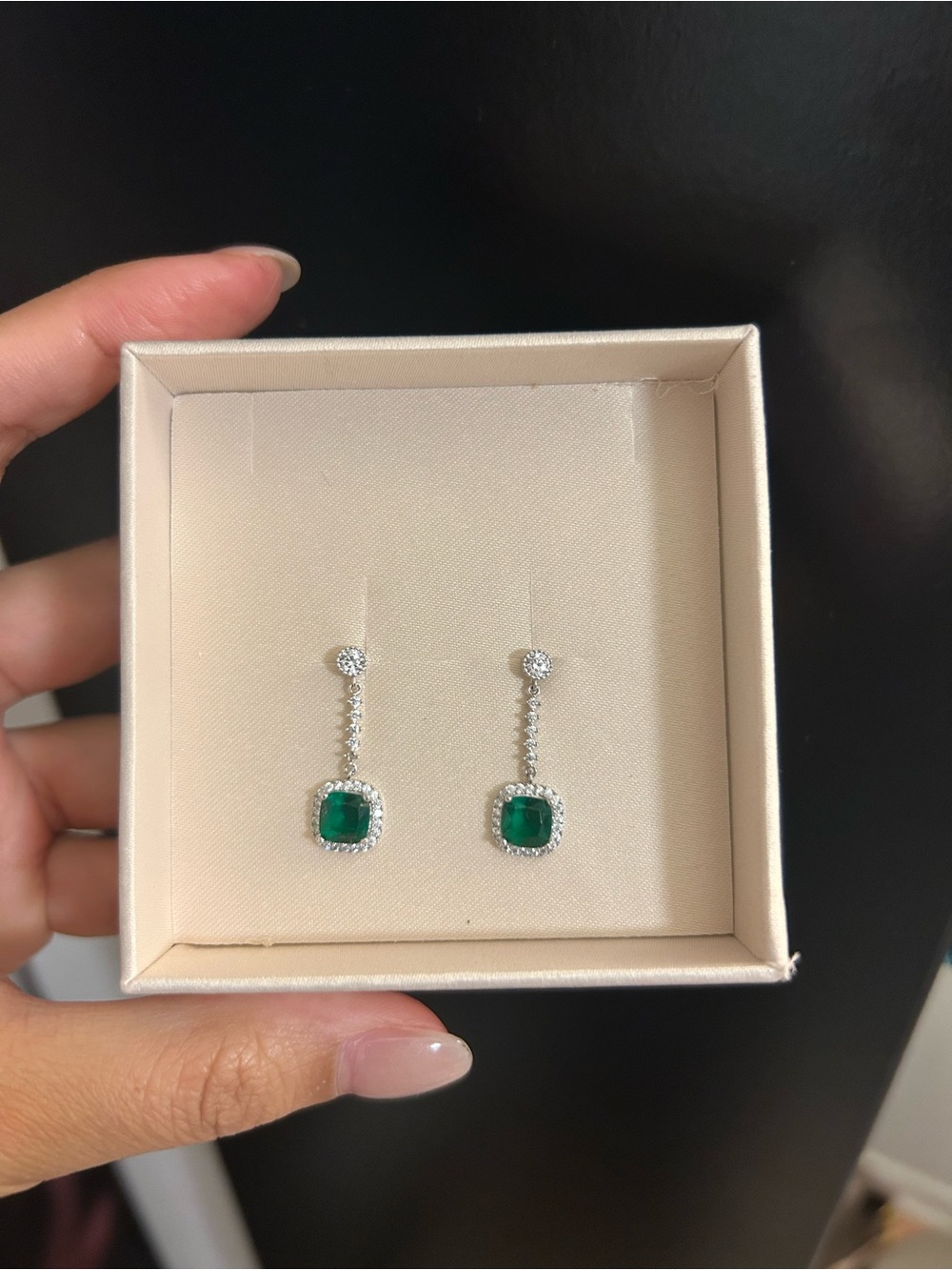 Emerald Green Cushion Drop Earrings - Dainty Silver Halo| 925 sterling silver